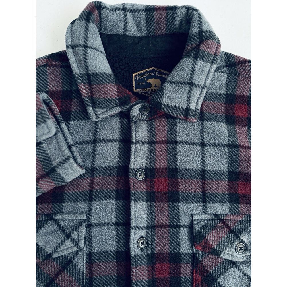 Freedom Foundry Men's XL Gray Red Plaid Thick Sherpa‎ Lined Fleece Button Up